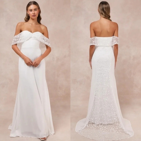Lulu's Beloved Beginning White Embroidered Off-the-Shoulder Maxi Dress M Bridal - Picture 1 of 14